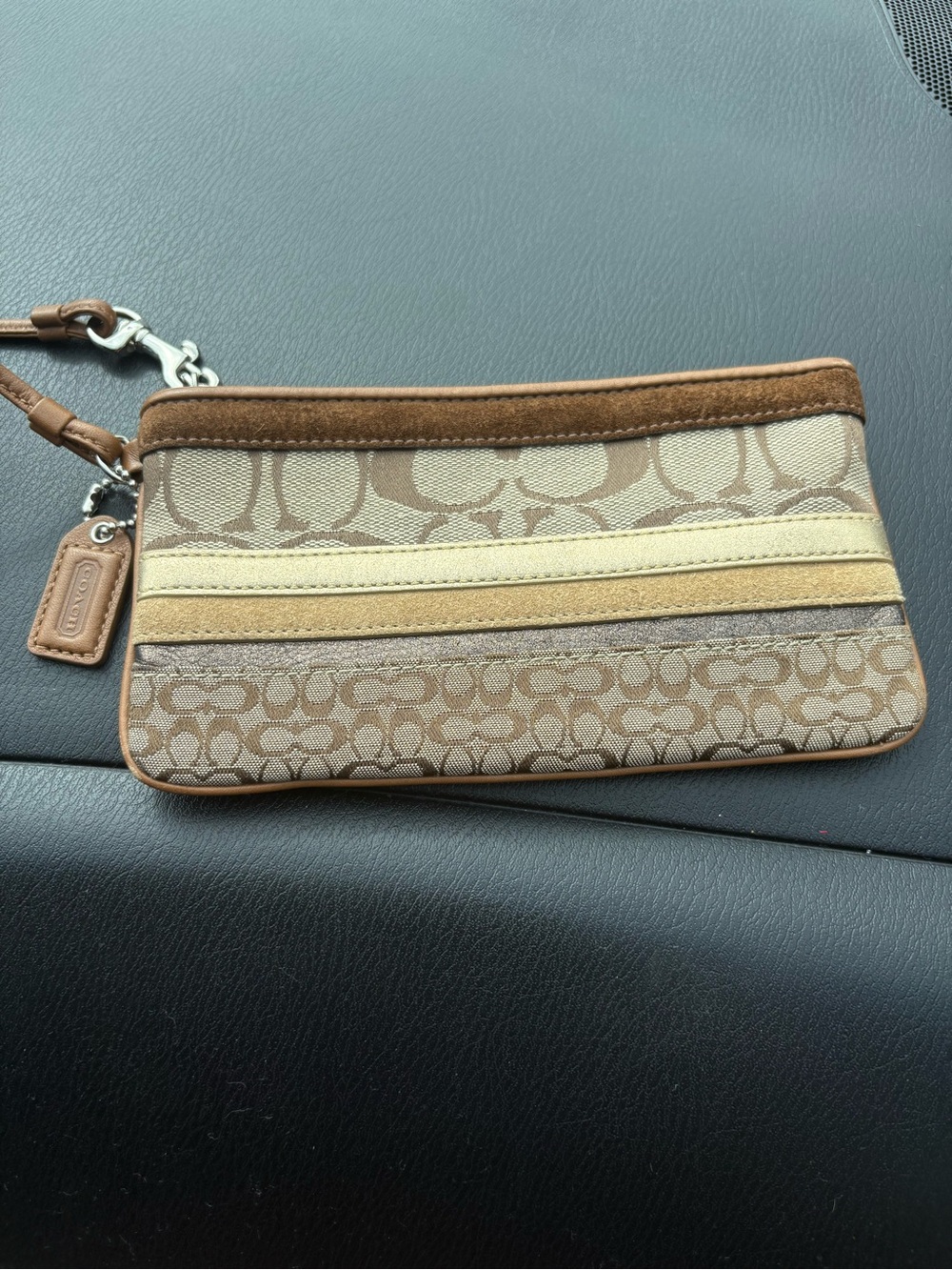 Y2K vintage Coach Signature Patchwork Wristlet in Brown, Tan, and Cream